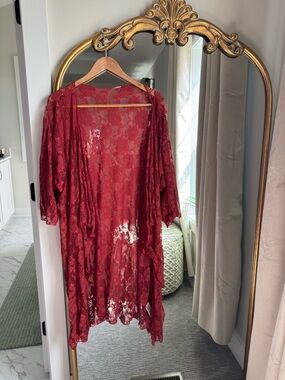 Sheer Lace Kimono Cardigan - Deep Red